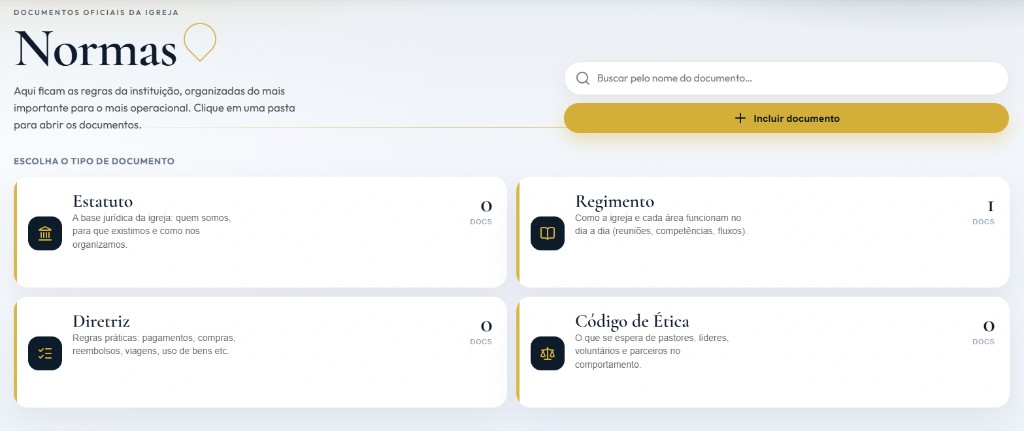 Painel real do módulo de Normas do SELAA, com Estatuto, Regimento, Diretriz e Código de Ética